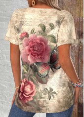 Floral Print Button Light Camel Short Sleeve T Shirt