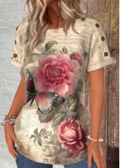 Floral Print Button Light Camel Short Sleeve T Shirt