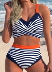 High Waisted Striped Surplice Navy Bikini Set