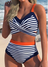 High Waisted Striped Surplice Navy Bikini Set