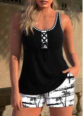 Tropical Plants Print Lace Up Black Tankini Set