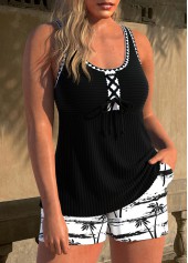 Tropical Plants Print Lace Up Black Tankini Set