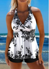 Floral Print Criss Cross White Tankini Top-No Bottom