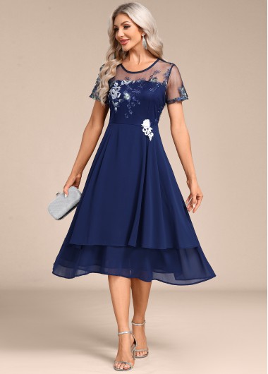 Embroidery Navy Short Sleeve Round Neck Dress