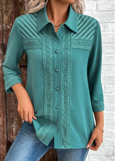 Button Patchwork Turquoise 3/4 Sleeve Shirt Button Patchwork Turquoise 3/4 Sleeve Shirt