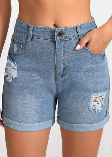 Denim Blue Regular Button High Waisted Shorts Denim Blue Regular Button High Waisted Shorts