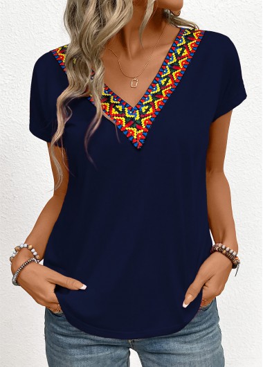 Tribal Print Patchwork Navy Short Sleeve T Shirt