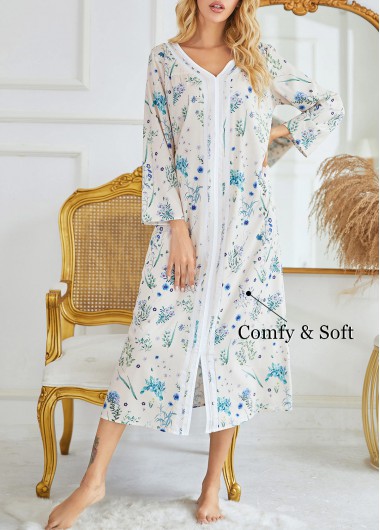 Ditsy Floral Print V Neck Long Sleeve Blue Nightdress