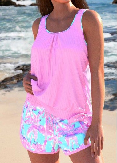 Tropical Plants Print Bowknot Pink Tankini Set