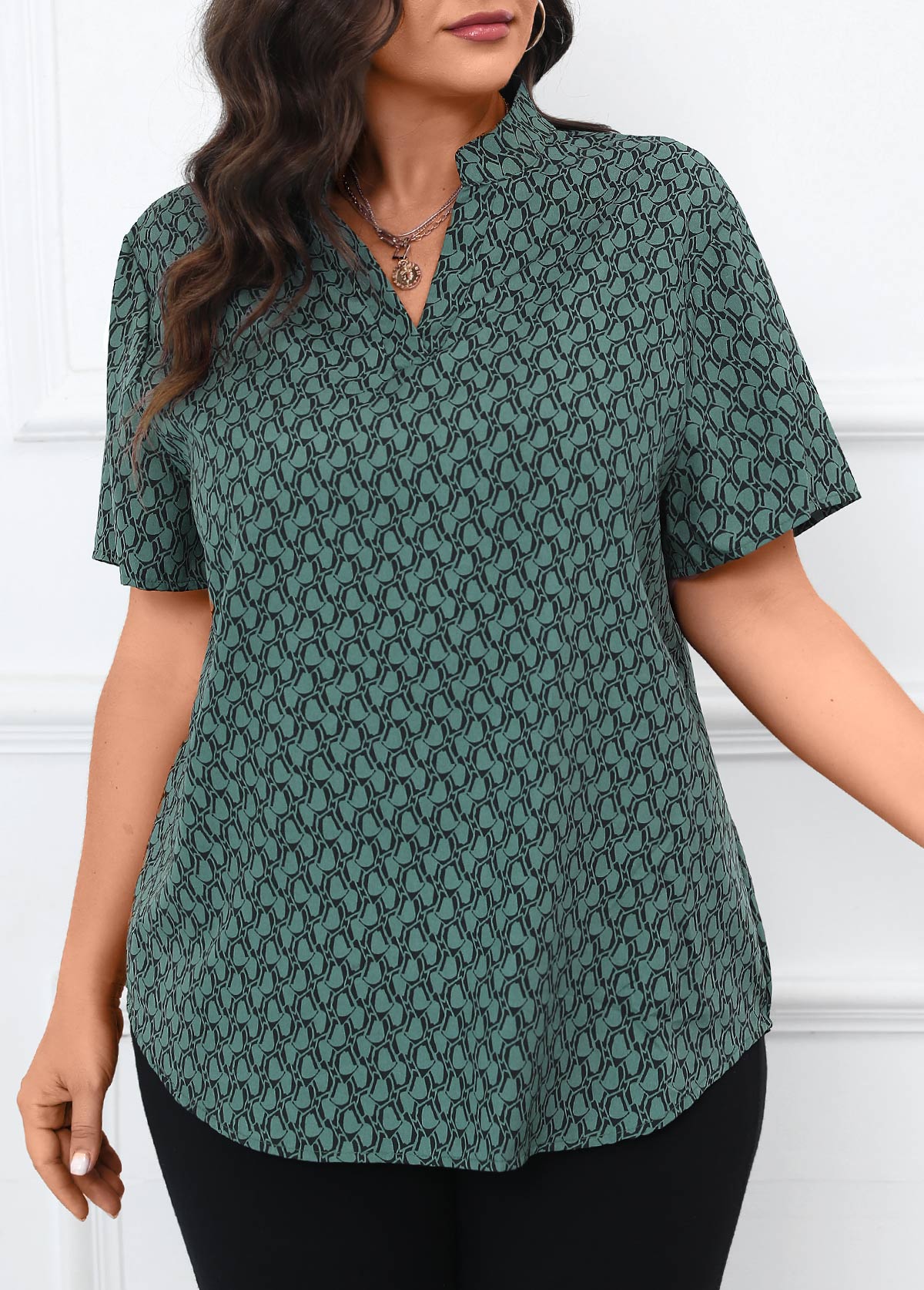 Geometric Print Split Turquoise Short Sleeve Blouse