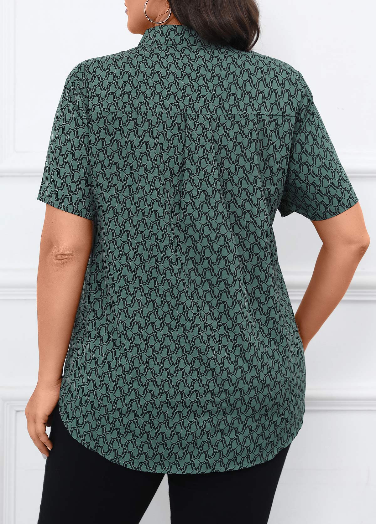 Geometric Print Split Turquoise Short Sleeve Blouse