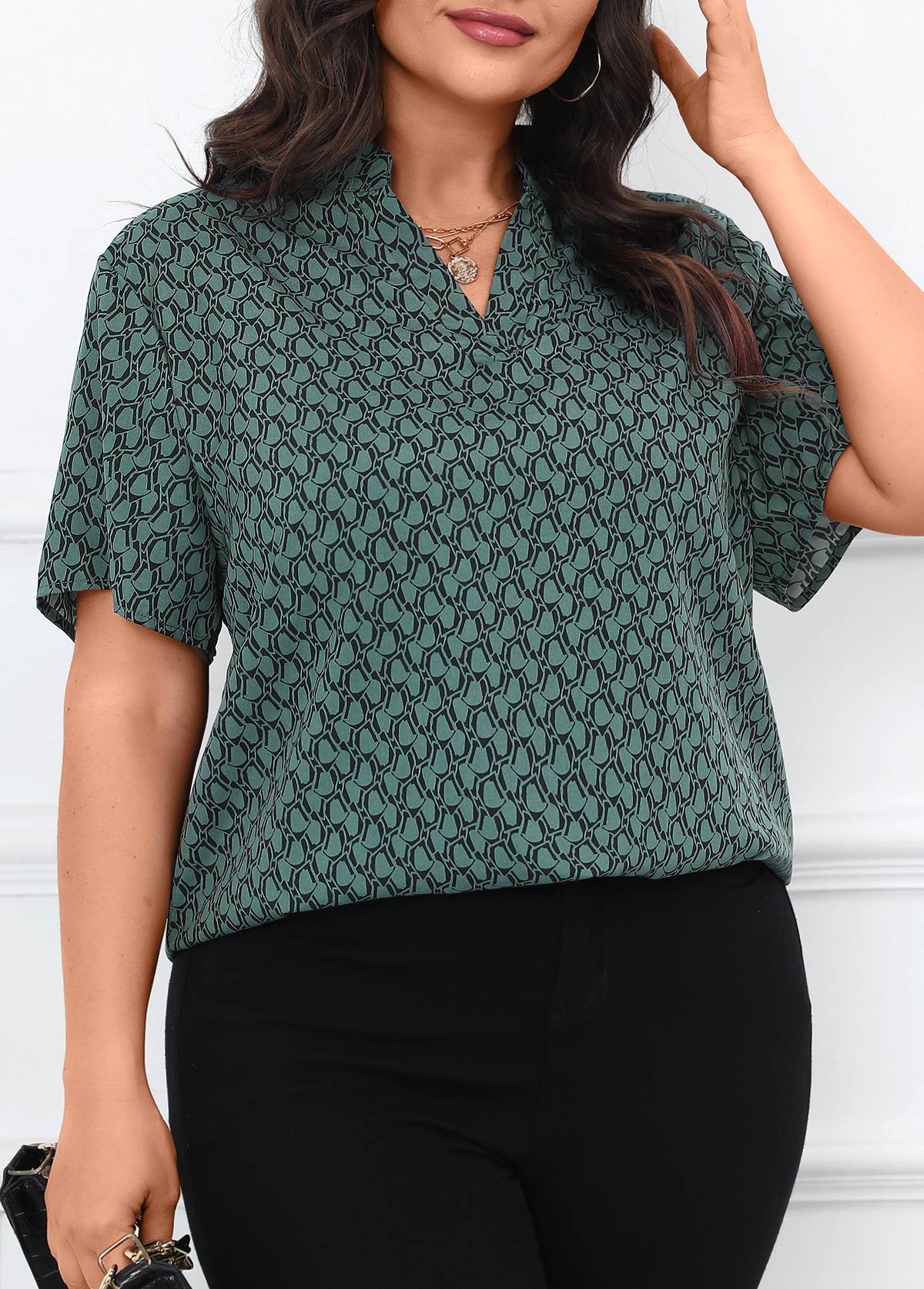 Geometric Print Split Turquoise Short Sleeve Blouse