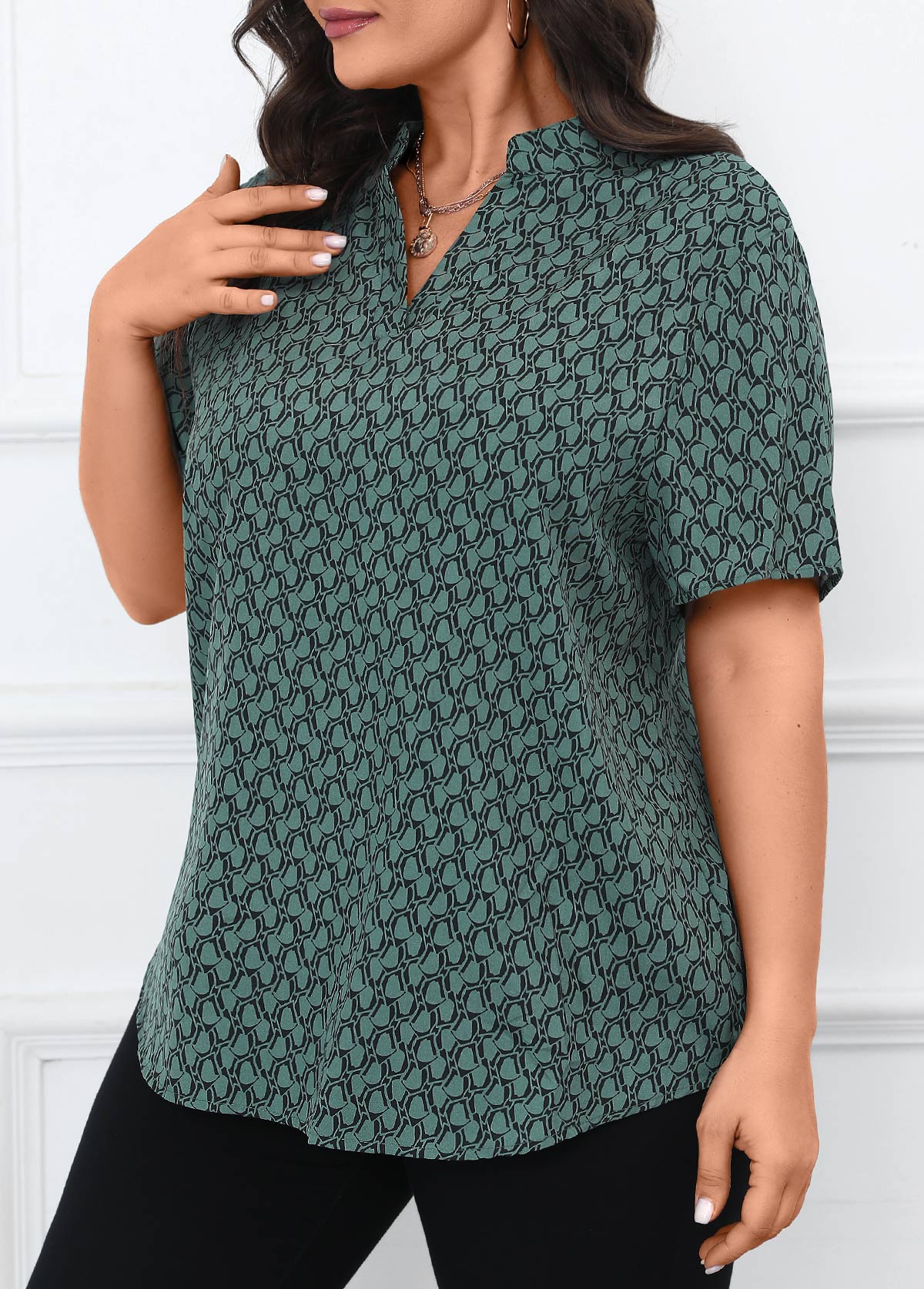Geometric Print Split Turquoise Short Sleeve Blouse