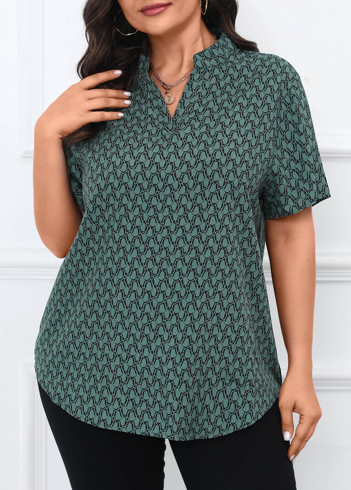 Geometric Print Split Turquoise Short Sleeve Blouse