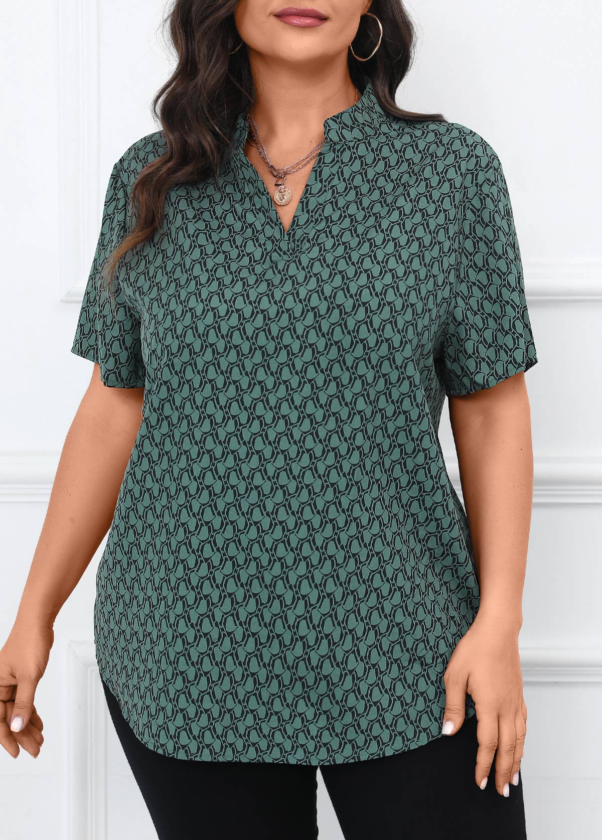 Geometric Print Split Turquoise Short Sleeve Blouse