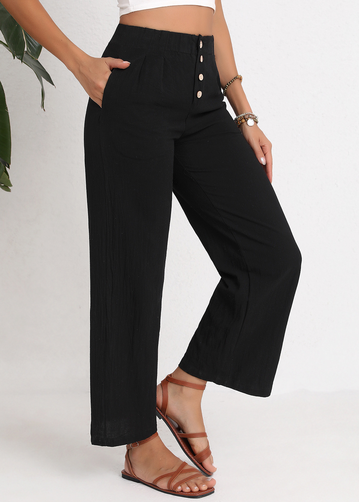 High-Waisted Button-Front Wide-Leg Pants