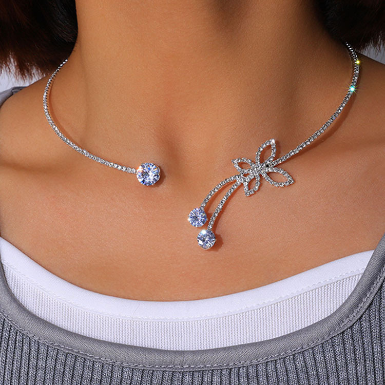 Rhinestone Silvery White Butterfly Alloy Necklace