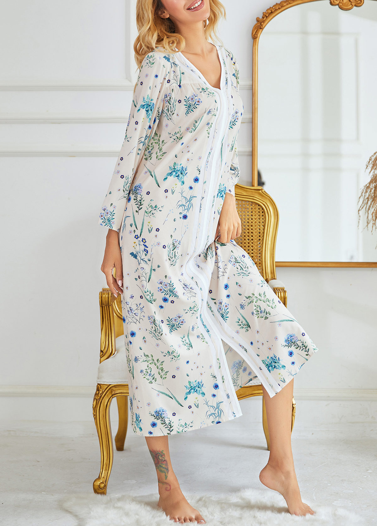 Ditsy Floral Print V Neck Long Sleeve Blue Nightdress Rosewe 