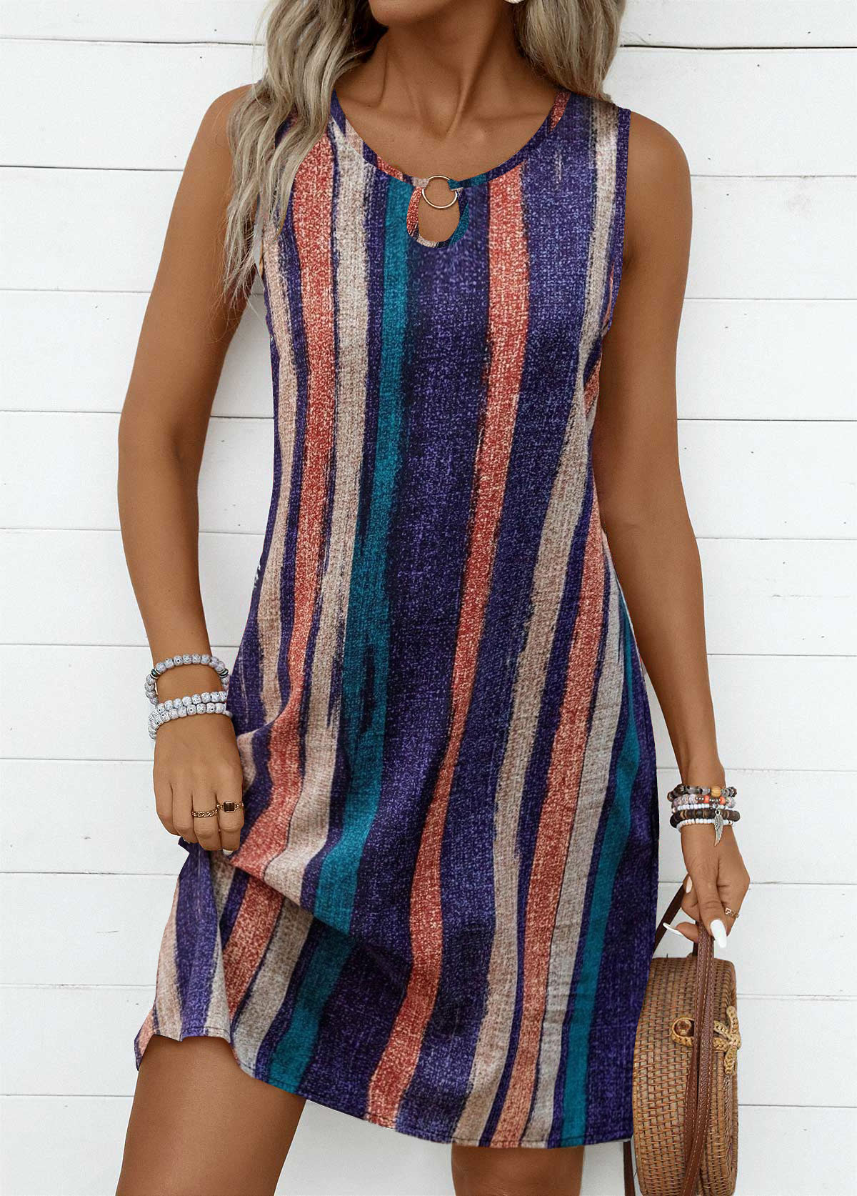 Striped Breathable Multi Color A Line Sleeveless Dress