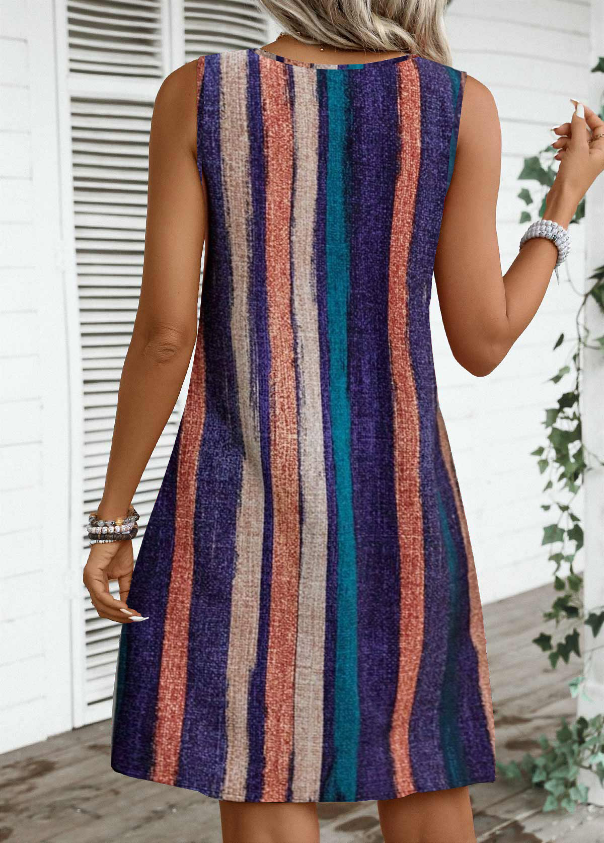 Striped Breathable Multi Color A Line Sleeveless Dress