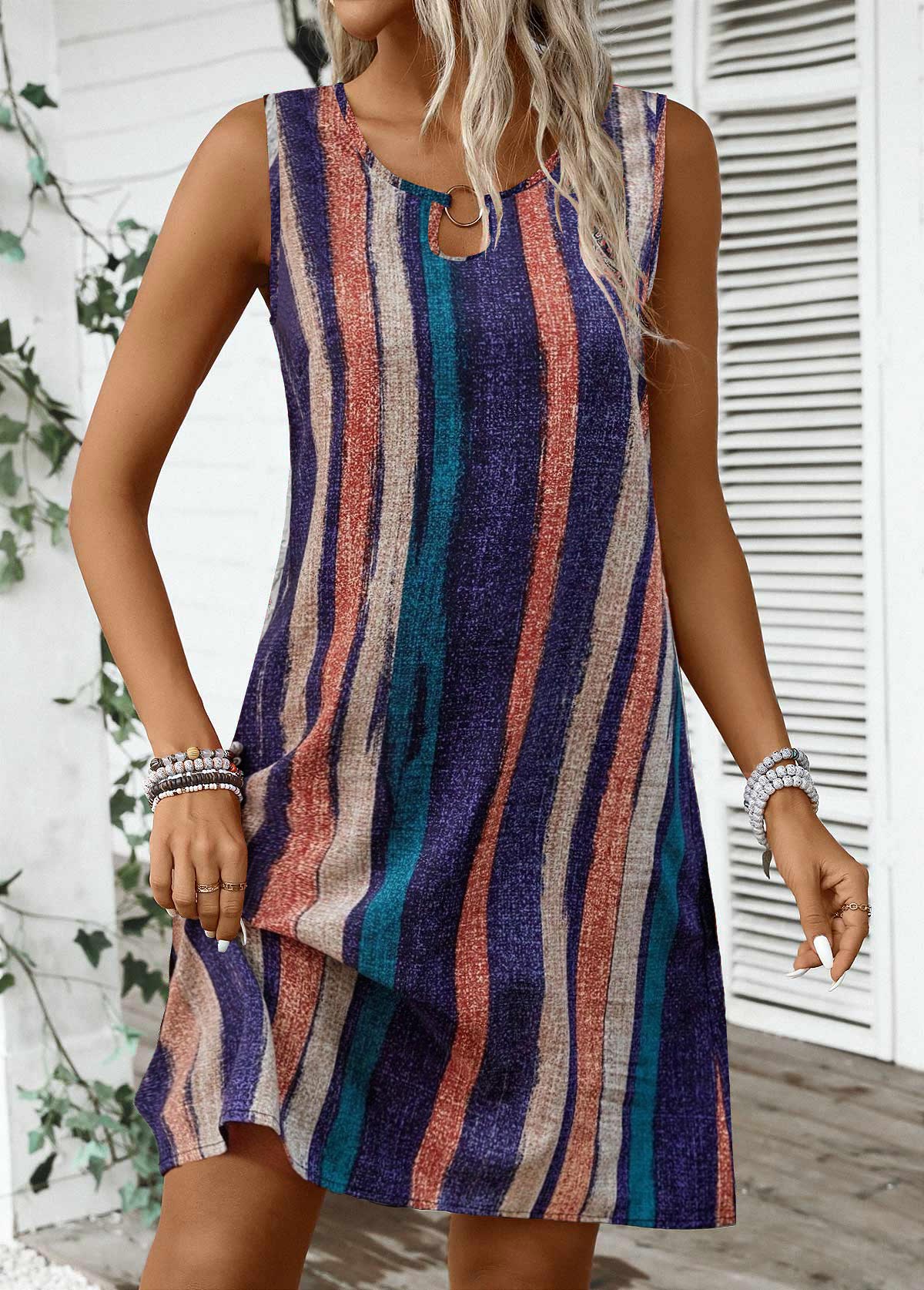 Striped Breathable Multi Color A Line Sleeveless Dress