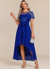 Belted Sapphire Blue Lace Patchwork Maxi Dress