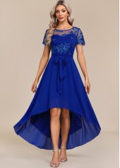 Belted Sapphire Blue Lace Patchwork Maxi Dress