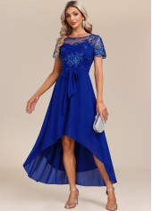 Belted Sapphire Blue Lace Patchwork Maxi Dress