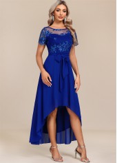 Belted Sapphire Blue Lace Patchwork Maxi Dress