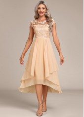Round Neck Lace Champagne High Low Dress
