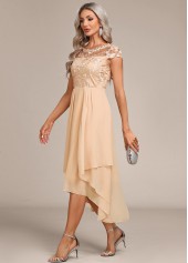Round Neck Lace Champagne High Low Dress