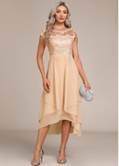 Round Neck Lace Champagne High Low Dress