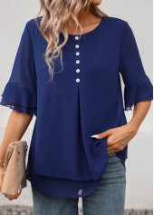 Layered Navy Short Sleeve Round Neck Blouse