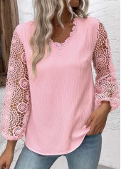 Embroidery Light Pink Long Sleeve V Neck Blouse