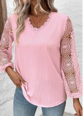 Embroidery Light Pink Long Sleeve V Neck Blouse