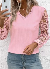 Embroidery Light Pink Long Sleeve V Neck Blouse