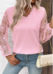 Embroidery Light Pink Long Sleeve V Neck Blouse