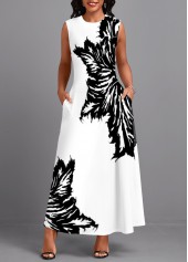 Leaf Print Pocket White Sleeveless Round Neck Maxi Dress