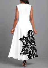 Leaf Print Pocket White Sleeveless Round Neck Maxi Dress