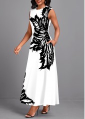 Leaf Print Pocket White Sleeveless Round Neck Maxi Dress