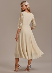 Embroidery Champagne 3/4 Sleeve Round Neck Dress