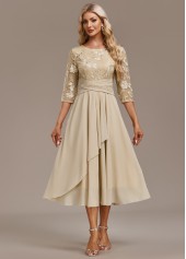 Embroidery Champagne 3/4 Sleeve Round Neck Dress