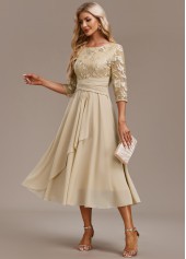 Embroidery Champagne 3/4 Sleeve Round Neck Dress