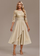 Embroidery Champagne 3/4 Sleeve Round Neck Dress