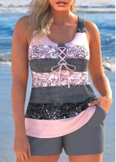 Multi Stripe Print Lace Up Grey Tankini Set