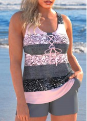 Multi Stripe Print Lace Up Grey Tankini Set