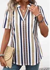 Striped Lightweight Yellow Short Sleeve Split Neck Blouse