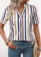 Striped Lightweight Yellow Short Sleeve Split Neck Blouse