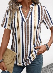 Striped Lightweight Yellow Short Sleeve Split Neck Blouse