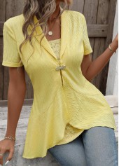 Patchwork Yellow Short Sleeve Fake Two Piece Twinset